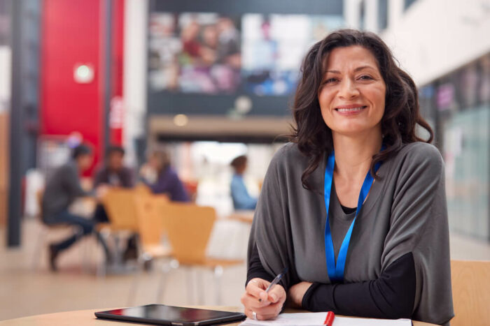 middle-aged woman at conference