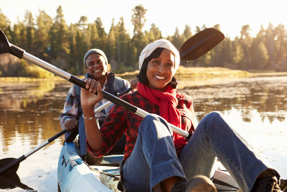 Senior couple kayaking on lake